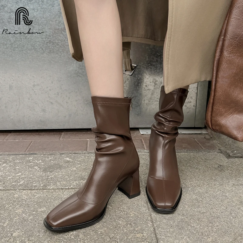 RAINBOW 34-40 Leather High Heel Elastic Slimming Sock Boots Autumn Winter Women Fashion Ankle shoe Sexy Rear zipper White/Black