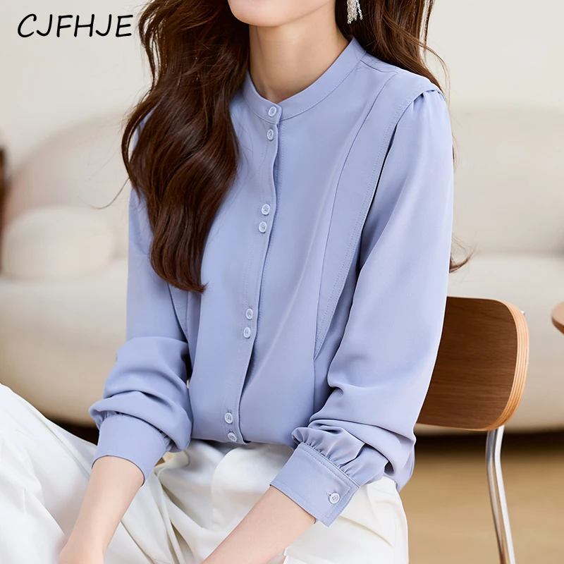 

CJFHJE O-Neck Long Sleeve Women Blue Chiffon Blouse Spring Fall New Single-Breasted Button Up Loose Casual Office Ladies Shirts