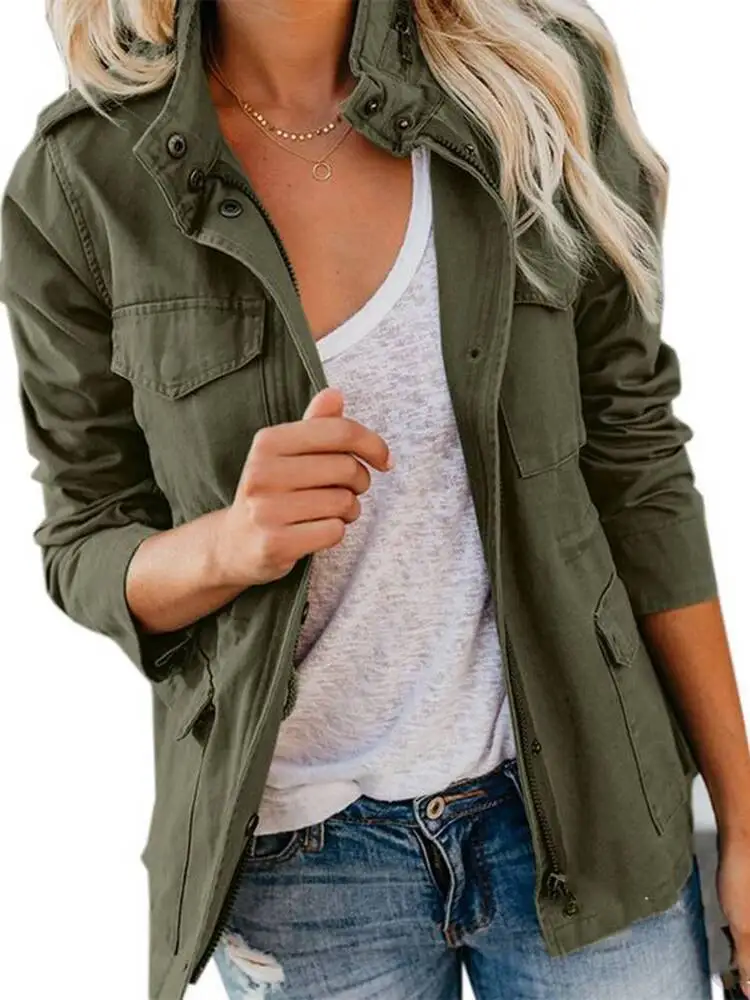 Fashion Women Korean Slim Long Sleeve Outerwear Spring Autumn New Zipper Pockets Solid Streetwear Jacket Coats