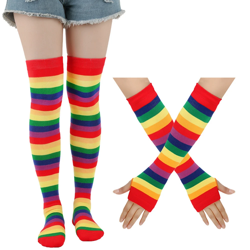 2 pair/set Winter Rainbow Striped Hosiery Gloves Over Knee Stockings Arm Sleeve JK Uniform Thigh High Socks Women Christmas Gift