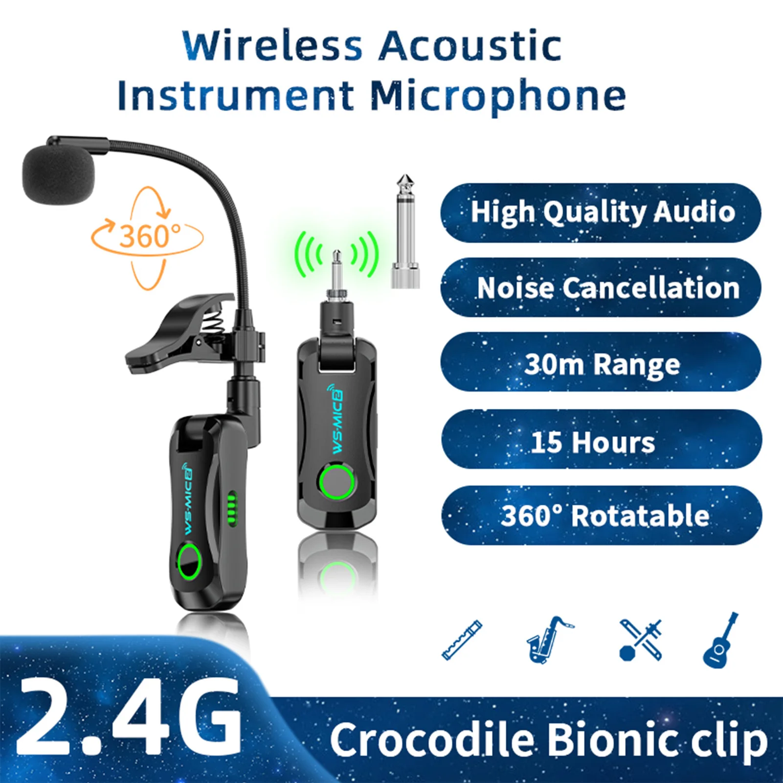 

2,4G беспроводной микрофон для музыкальных инструментов, саксофон, автоматическое сопряжение, низкая задержка, регулируемый на 360 градусов зажим для саксофона, флейты, кларнета