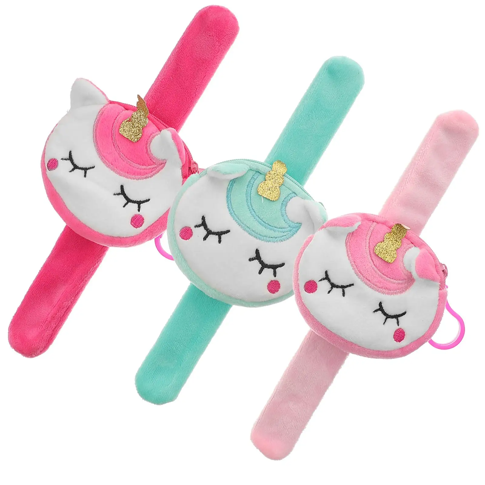 3x Unicorno Portamonete Bracciali schiaffo Animale Hugger Slap Braccialetto Portafoglio Portachiavi Unicorno Peluche Farcito Regali per feste di