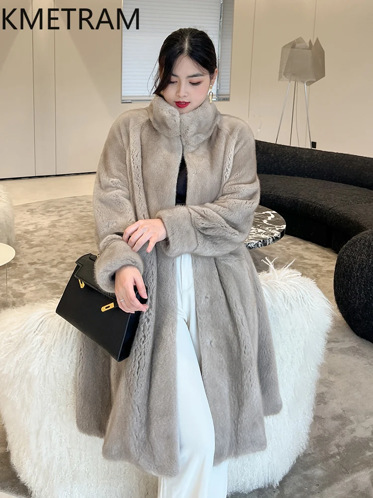 معطف فرو منك كامل طبيعي 100% من KMETRAM ملابس نسائية مخملية باللون الأرجواني سترة طويلة من الفرو 2025 manteaux hiver فام #3