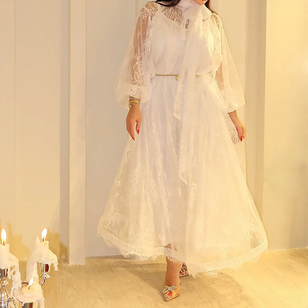 

Customized A-Line Evening Dresses Tea-Length High-Neck Full Sleeve Evening Gown Fashion Sashes Lace Simple Draped Party Gown