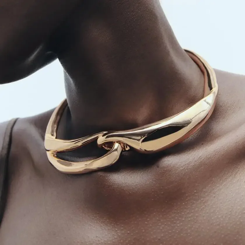 New Za Golden Rigid Metal Choker Necklace Hollow Asymmetric Hip Hop Punk Statement Choker