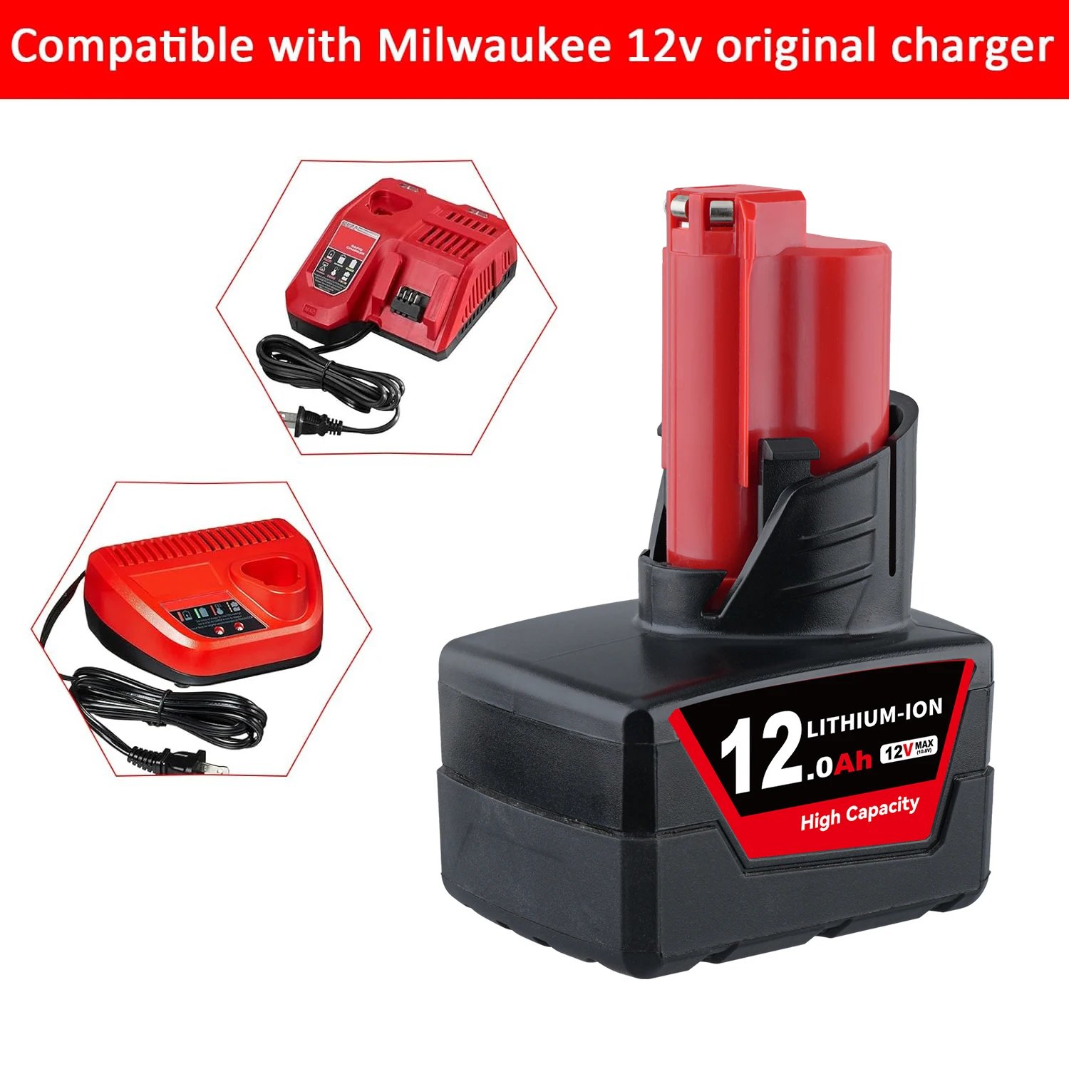 VANON 1/2/4Pack 12Ah M12 สำหรับมิลวอกี 12V 48-11-2412 48-11-2450 แบตเตอรี่พินชุดสำหรับมิลวอกีเครื่องมือไฟฟ้าไร้สาย