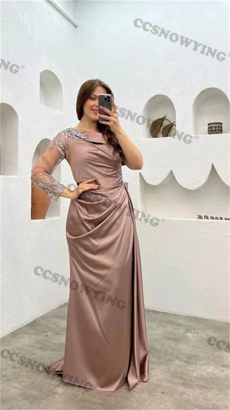 

One Shoulder Long Sleeve Prom Dress Satin Appliques Beaded Evening Formal Party Gowns Women Robe De Soiree