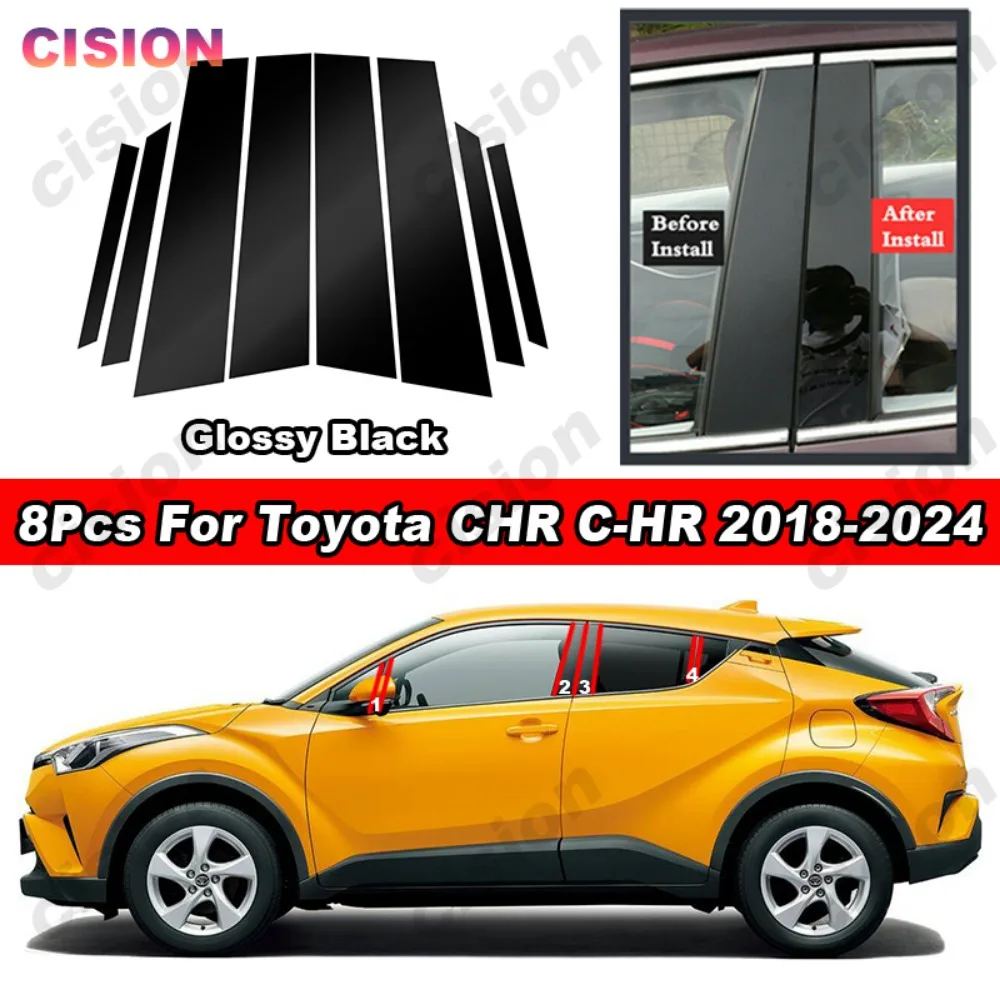 Glossy Carbon Fiber Black Chrome Car Door Window Center B C Pillars Post Middle Column Cover Trim PC Sticker For Toyota CHR AX10