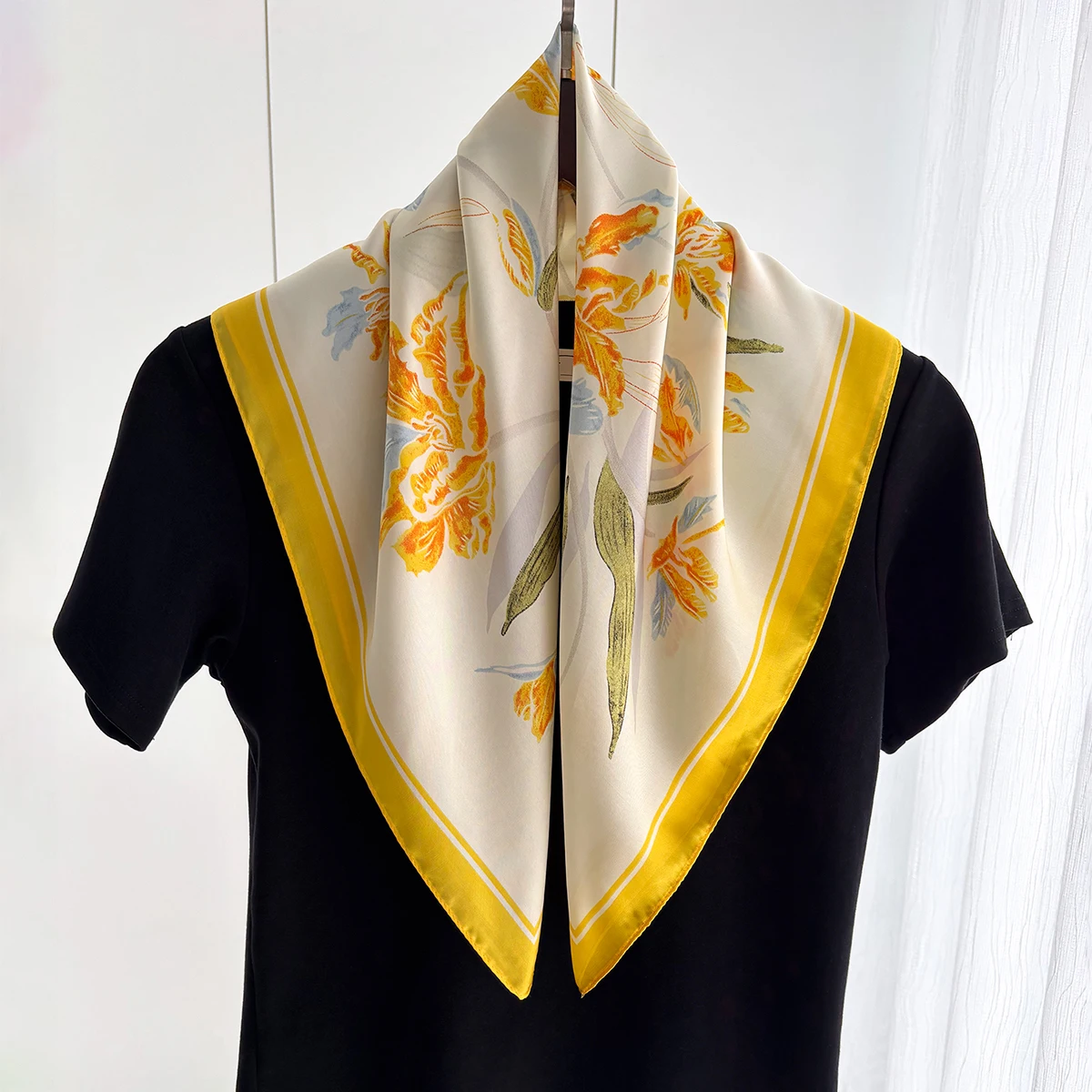 Luxury Silk Square Scarves For Women Soft Stain Neck Scarf Bag Ribbon Headband Shawl Neckerchief Bandanas Yellow Floral Warp view 3