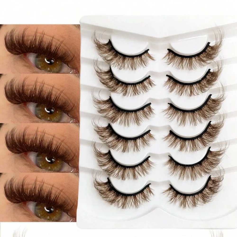 6 Pairs of Natural Brown Fake Eyelashes, Fashionable 3D Japanese Cosplay, Faux Mink Fur, Dramatic Anime Eyelashes