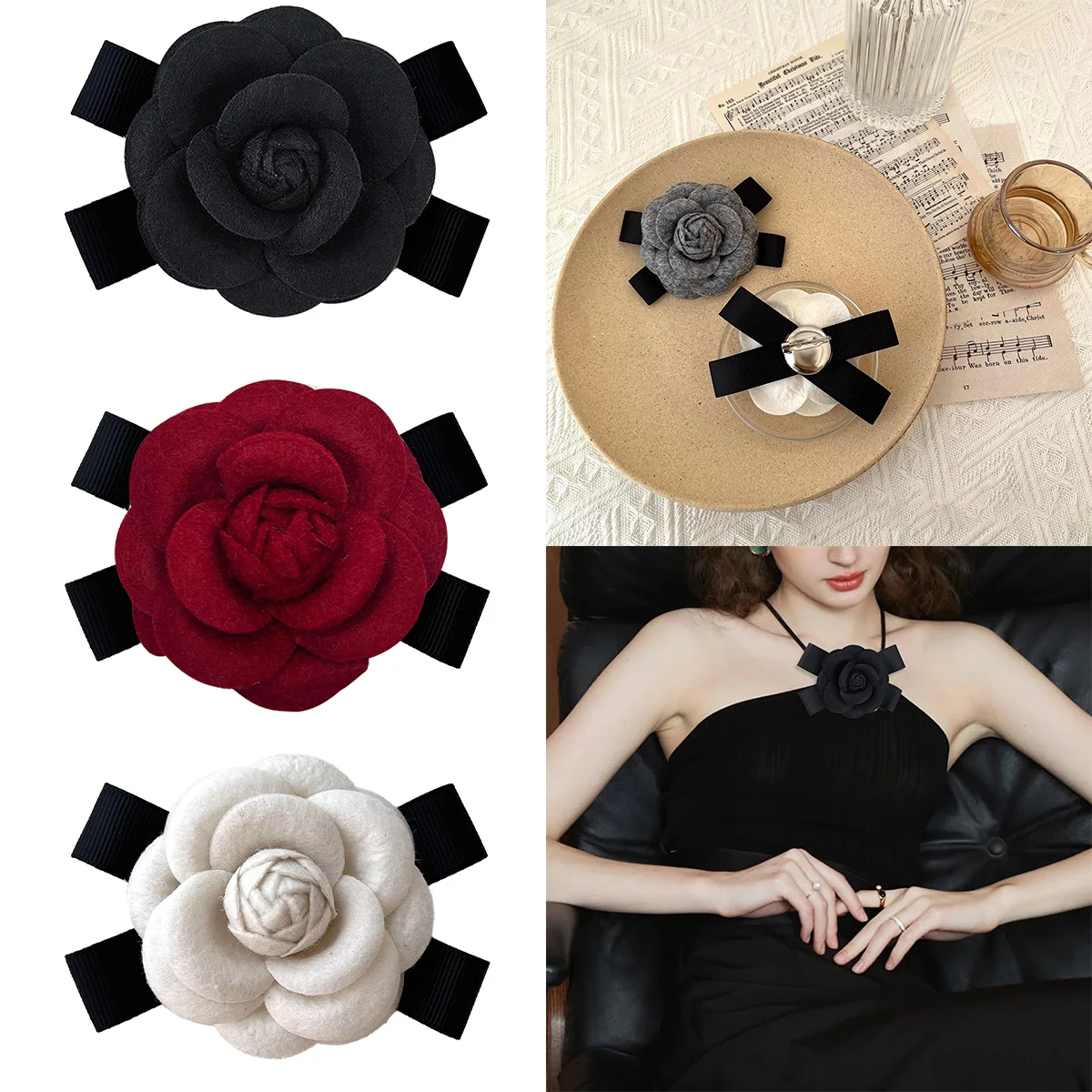 Polyester Art Camelia With Bowknot Brooch Pins Platinum Tone Pin Brooches Multi-layer White Flower Badge Rigid Decorative Velet