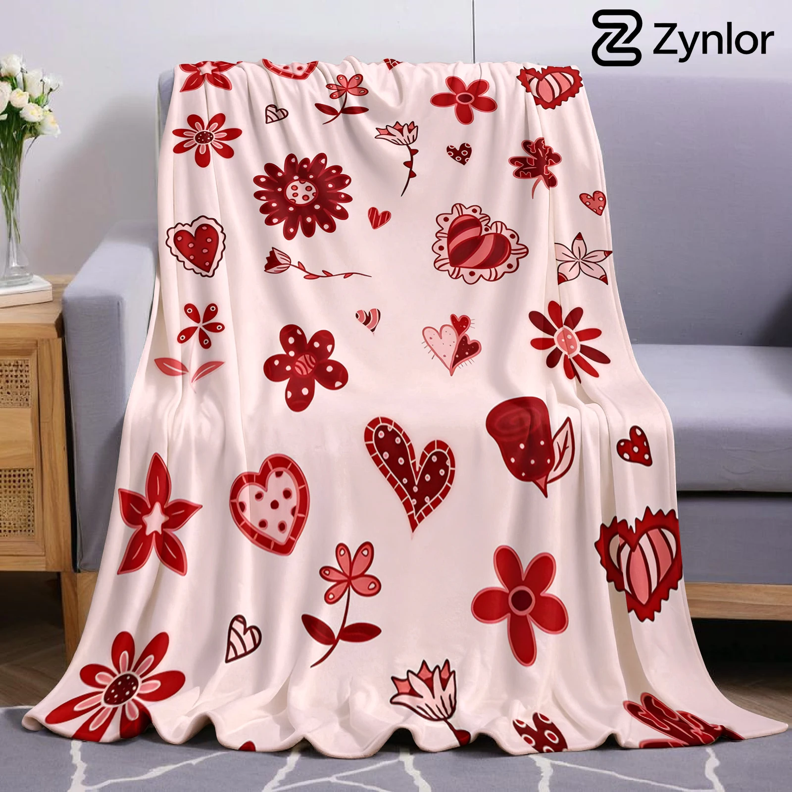 Red Floral Heart Doodle Ultra Soft Sherpa Fleece Blanket Fluffy Warm Halloween Cozy Throw for Sofa Couch Bedroom Gift All season
