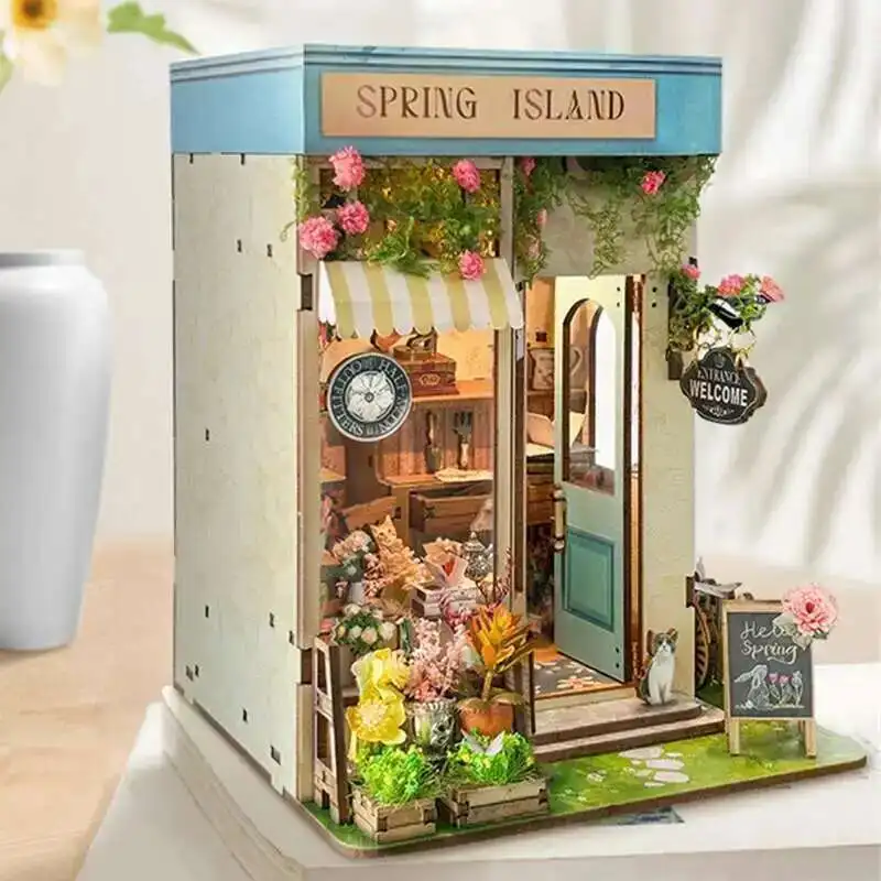 

DIY Wooden Book Nook Kit Flower Spring Isand Figurines Miniatures Bookend Handmade Bookshelf for Friends Gifts Home Decor Crafts