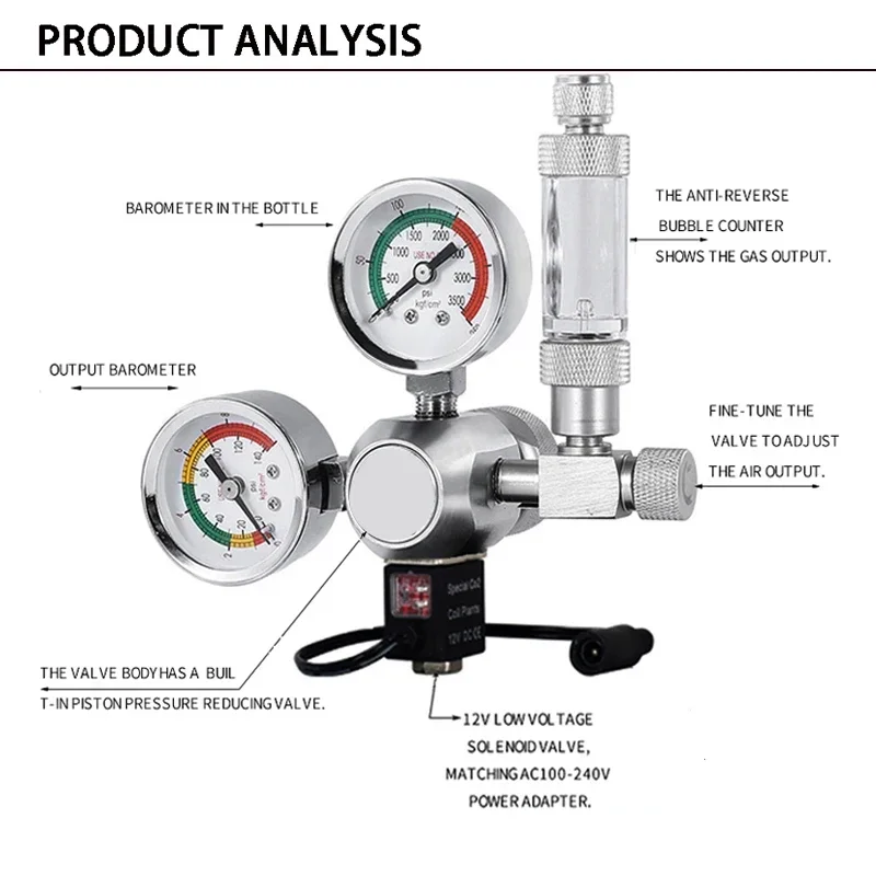 Magnetventil CO2 Pressure Regulator W21.8 Fish Tank Reducing Valve Aquarium Flant Double Gauge Bubble Recorder Magnetic Solenoid Valv Weitere Ventile — Detail 1