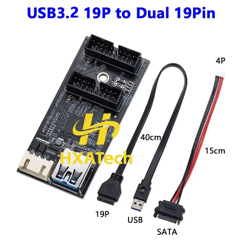 HXATech -Mainboard USB3.2 19P to Dual 19pin Adapter Cable 20pin to 2x19pin port Converter