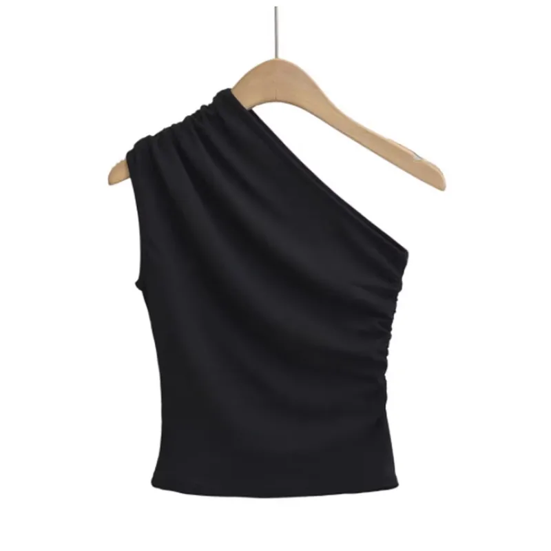 Top Corto Asimétrico Sexy y Moderno con Diseño de Pliegues Laters, Estilo Informal para el Trabajo, Color Sólido, Estilo V...