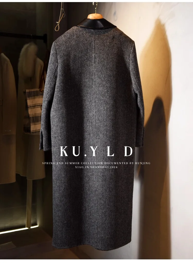 DFDG Abrigo de cuero de mezcla de lana de retales con bloques de Color de diseñador Otoño Invierno 2025 para mujer Abrigo hasta la rodilla con cuello con muescas vintage