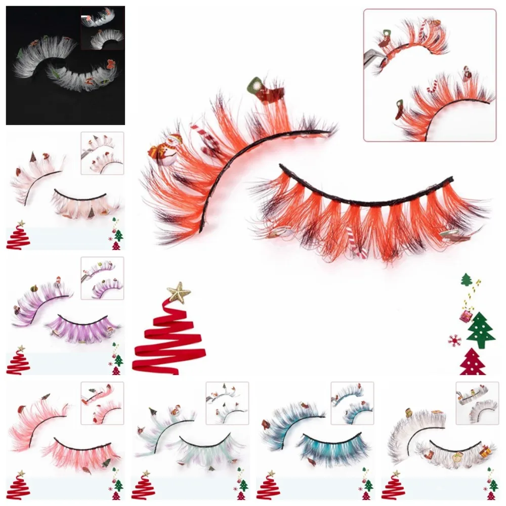 Pestañas postizas navideñas de fibra química, extensión de pestañas de muñeco de nieve de dibujos animados, pestañas en racimo de Navidad, herramienta de maquillaje cosmético