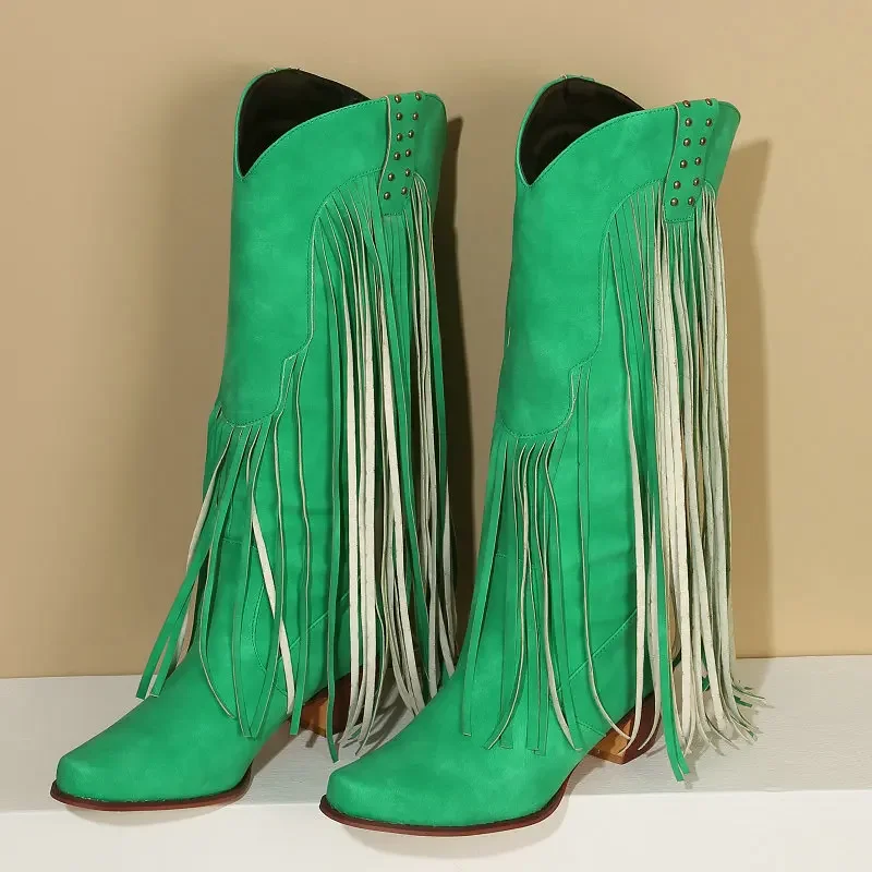 Curved Toe Green Blue Mid-calf Western Botines Shoes With Fringes American Cowboy Chunky Heels Winter Boots For Wide Calf Leg