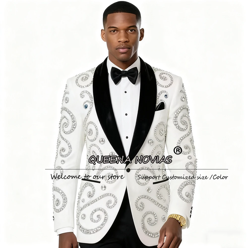 

Metallic Jewelry Stones Wedding Suits For Men 2 Pieces Sets Black Shawl Lapel Prom Blazers Customized Man Formal Party Tuxedos