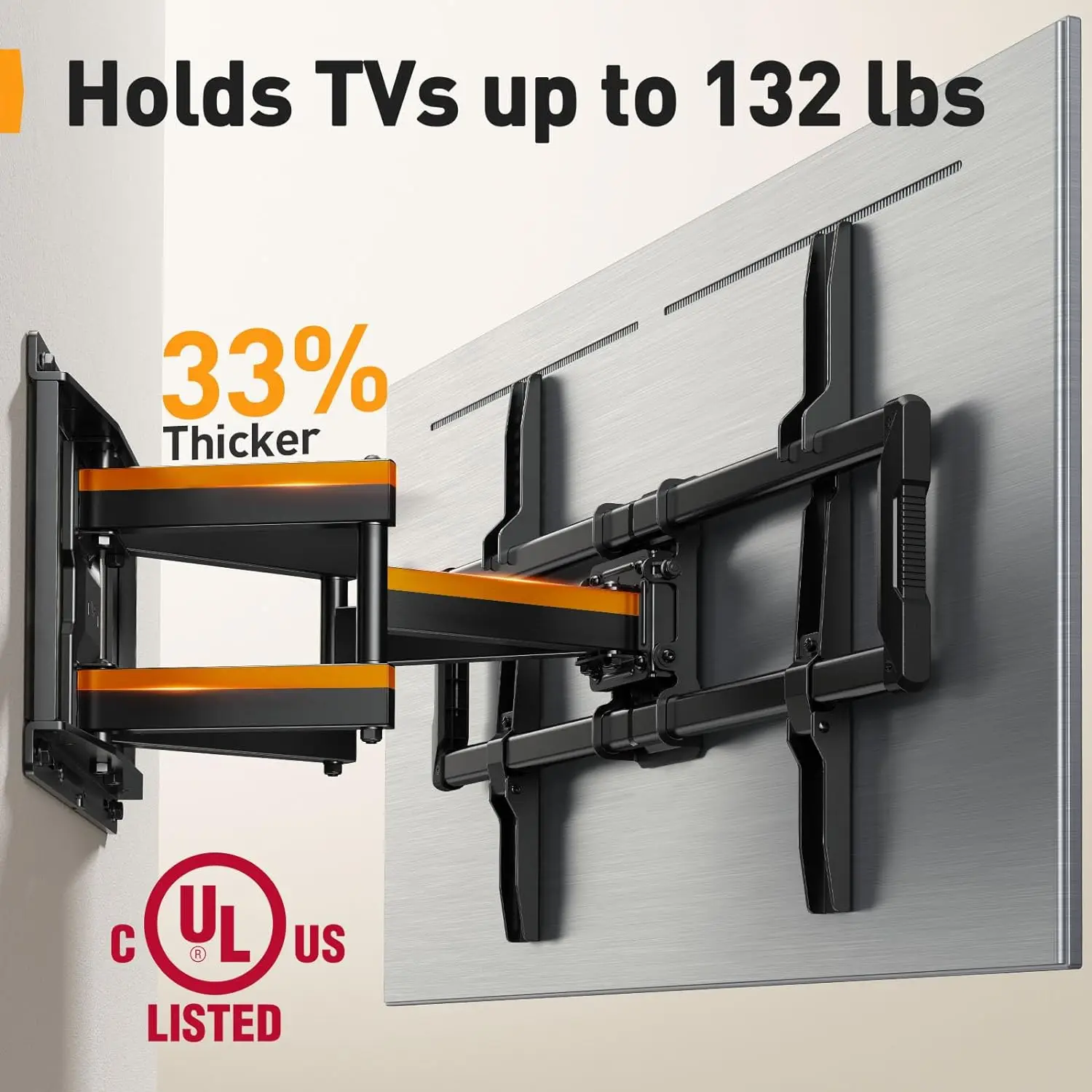 Perlegear-UL Listados Full Motion TV Wall Mount, 40-86 "Flat curvo TVs, até 132 lbs, 12", 16 ", Studs de madeira, TV Suporte