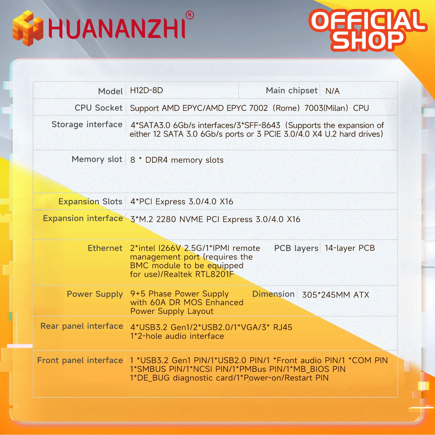 HUANANZHI H12D 8D AMD carte mère avec module BMC prise en charge AMD EPYC 7002 7003 série CPU 8 canaux de mémoire double réseau 2.5G