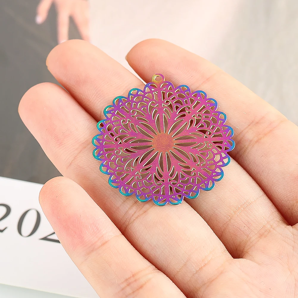 2pcs Stainless Steel Plate Laser Cutting Hollow Out Flower Colorful Pendant Decor Accessories Necklace Earring Wind Chime DIY