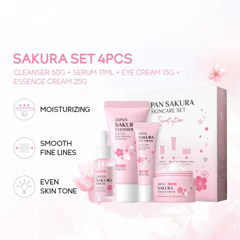 Japan Blossom-Ensemble de soins du visage, essence nettoyante, crème pour les yeux, crème pour le visage, coffret de soins de la peau, coffret cadeau, jour du Léon, 4 pièces