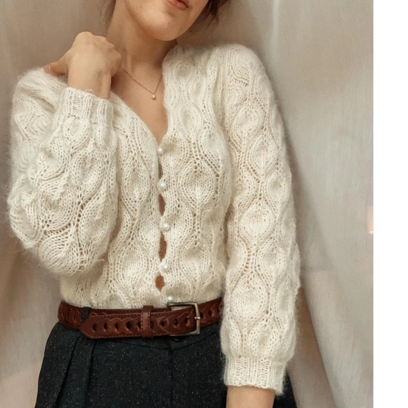 Maheimao women's cardigan, milky white knitted sweater, handcrafted knitted jacket, slim fit, socialite style, pure handmade new