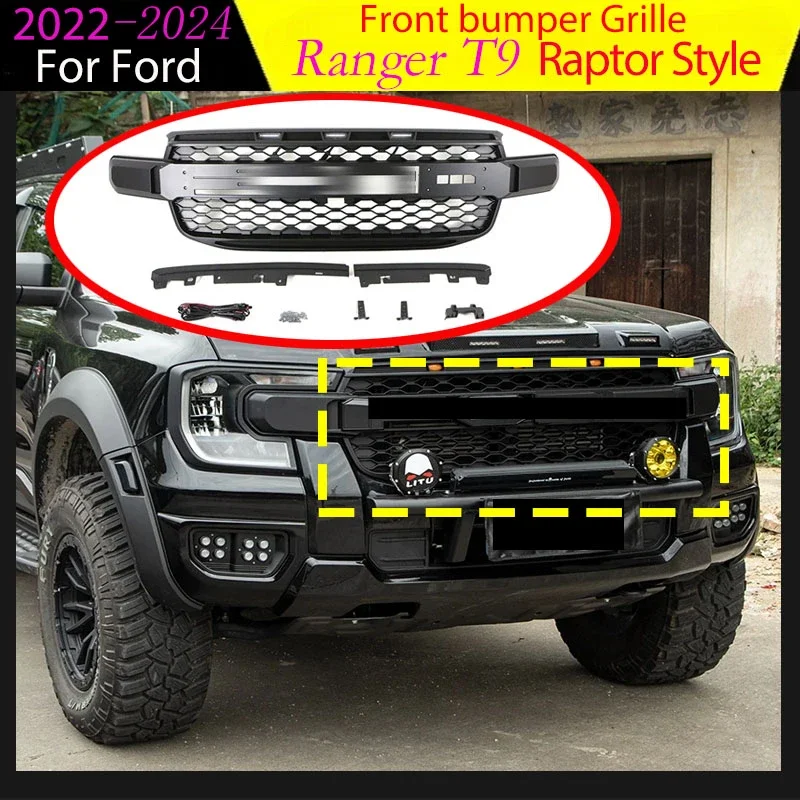 

Front Bumper Grille Fits for Ford Ranger T9 2022-2024 Raptor with Lights Style Grills Body Kit Air Intake Grille Auto Parts