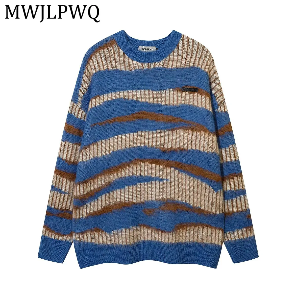 

Мужской свитер MWJLPWQ в американском стиле с жаккардовым узором в полоску, весна-зима, ретро, повседневный, унисекс, с круглым вырезом, вязаный, 21926