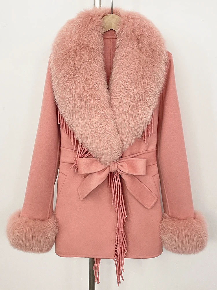 Giacca di lana di pelliccia naturale moda donna Cappotto corto di lana di vera pelliccia di volpe Nuovi vestiti autunno inverno Cappotto con nappa femminile