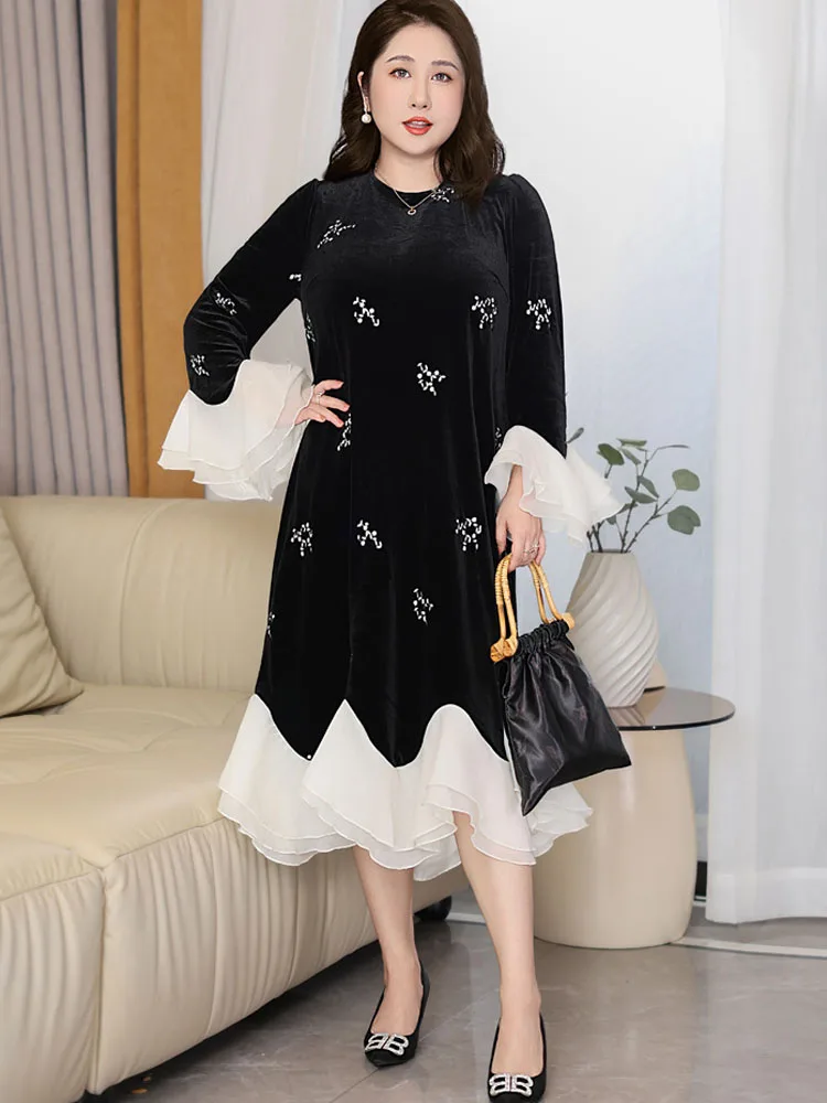 Plus Size 300 Extra Large Velvet Dress Women Autumn and Winter Fat mm 00.00kg High-Grade Slimming Banquet Evening dress Black...