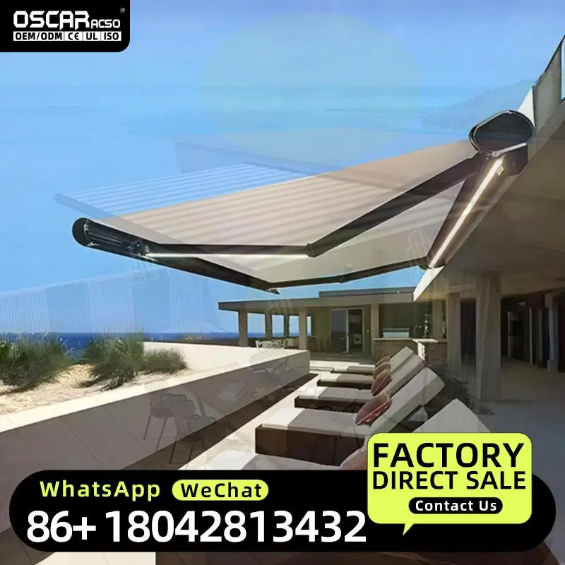 Outdoor Retractable Electric Canopy Side Awning PVC Sunshade Patio Shade Rainproof Retractable Awning