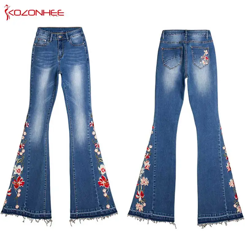 Jean extensible bleu foncé pour femme, broderie évasée, élastique, ourlet, grande taille #08