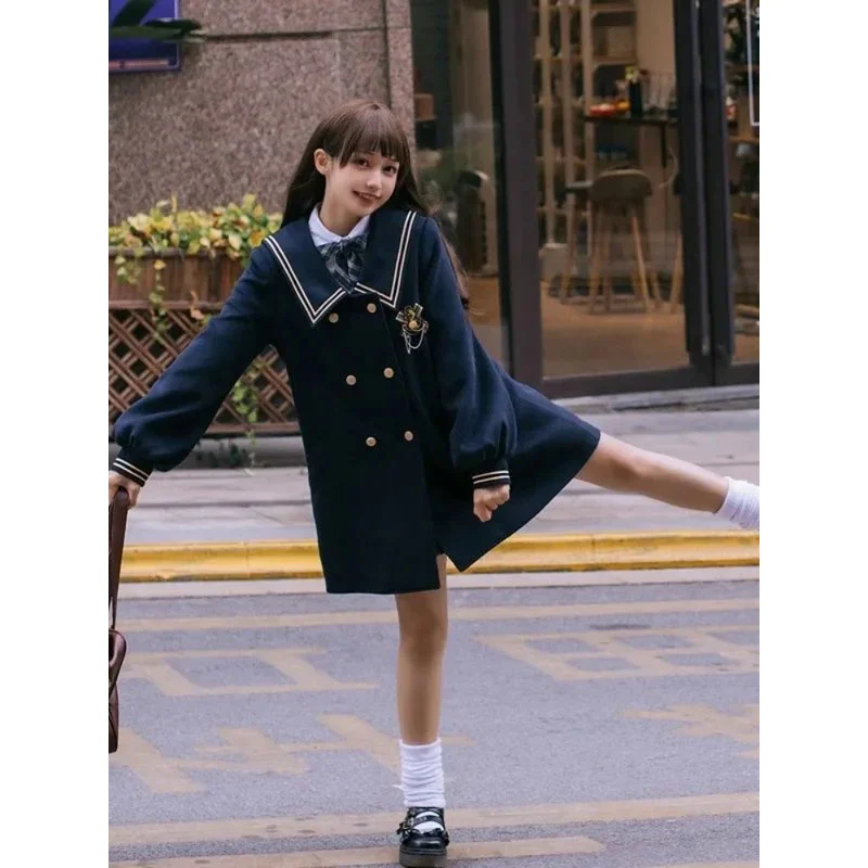 Xgoth Double-breasted Navy Blue Coat ฤดูใบไม้ผลิฤดูใบไม้ร่วงผู้หญิงใหม่ปี Tweed Coat ญี่ปุ่น Preppy Jk Original เสื้อขนสัตว์