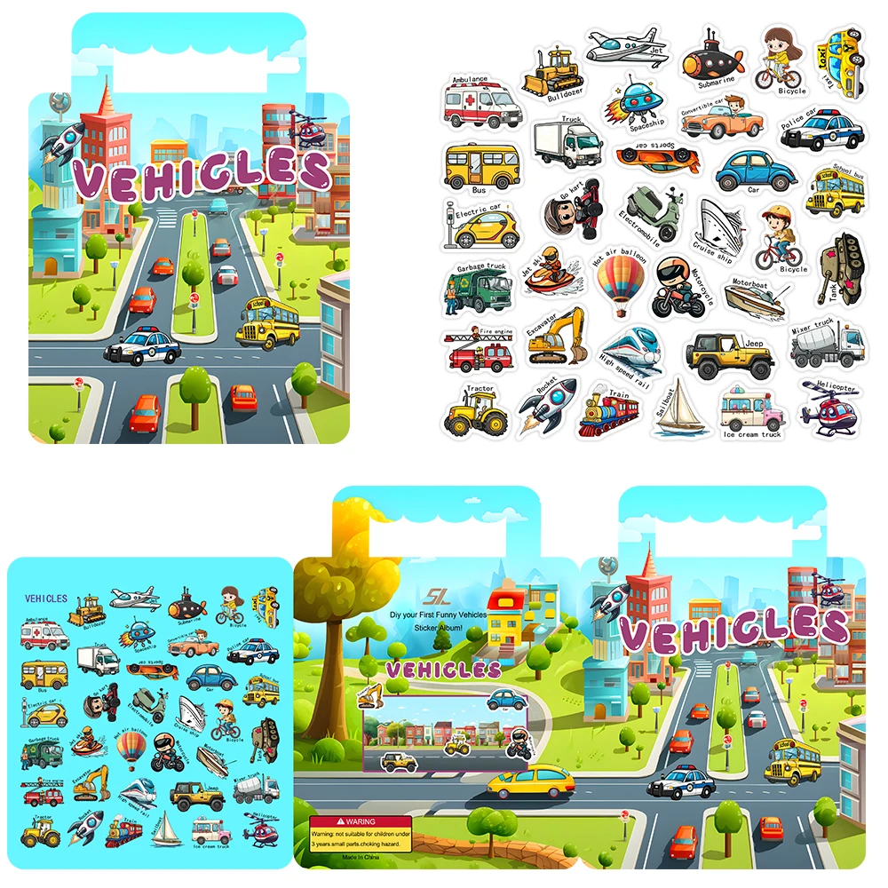 

40PCS Kids Reusable Sticker Transportation Book Multiple Cartoon DIY Puzzle Educational Cognition Learning Toys for Child