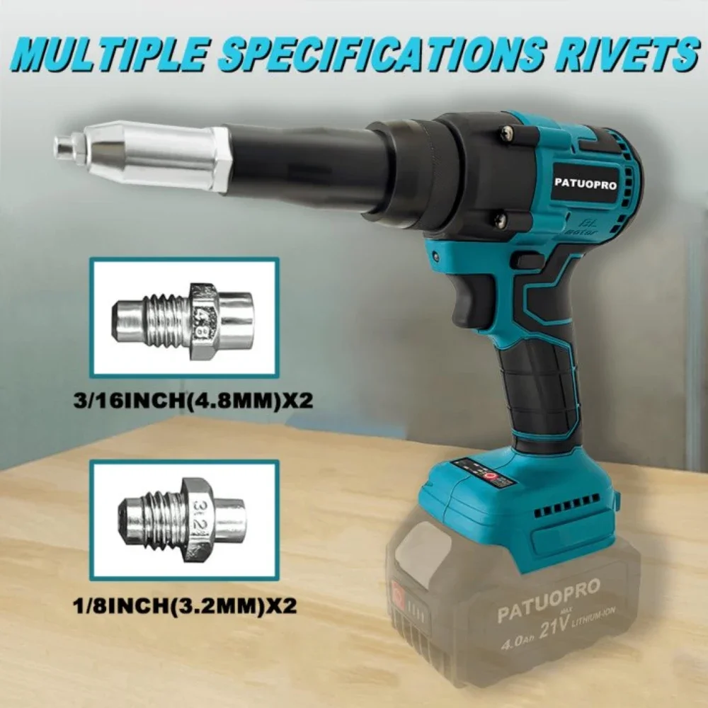 PATUOPRO Pistola per rivetti elettrica a batteria senza spazzole 2.4-5.0mm Pistola per dadi per rivetti Trapano Utensili elettrici domestici per batteria Makita 18V (senza batteria)