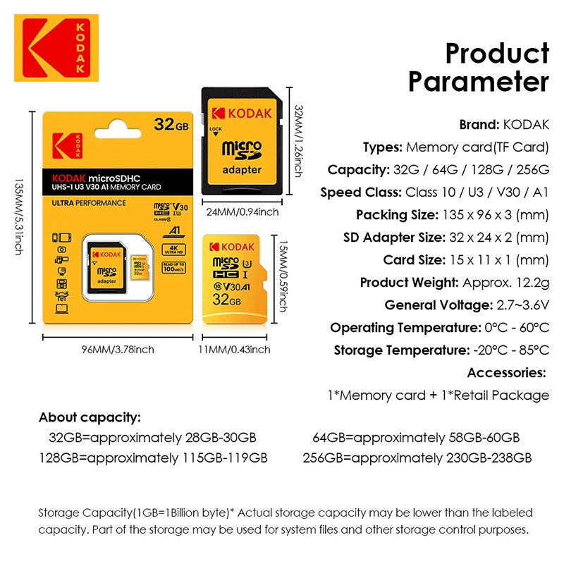 بطاقة ذاكرة SD صغيرة حمراء كوداك مع محول ، MicroSDHC ، MicroSDXC ، C10 ، A1 ، بطاقات فلاش TF ، 32 جيجابايت