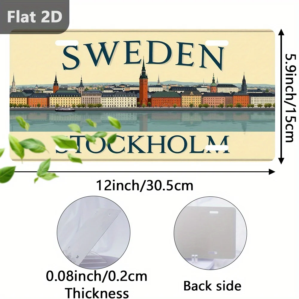 2D Flat, 1pc, Only for Decoration Decoration, Outdoor Signs & Wall Decor (30.48cm X 14.99cm), Sweden Stockholm Cityscape, Retro