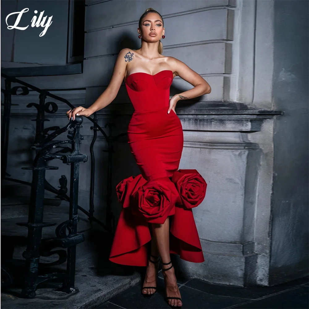 

Гламурные красные атласные вечерние платья Lily без бретелек без рукавов с 3D розой - украшенное платье русалки по индивидуальному заказу