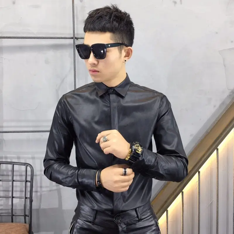 S-6XL 2024 New Men\'s Clothing Hair Stylist GD High Quality PU Fashion Slim Leather Shirt PLUS SIZE Singer Costumes