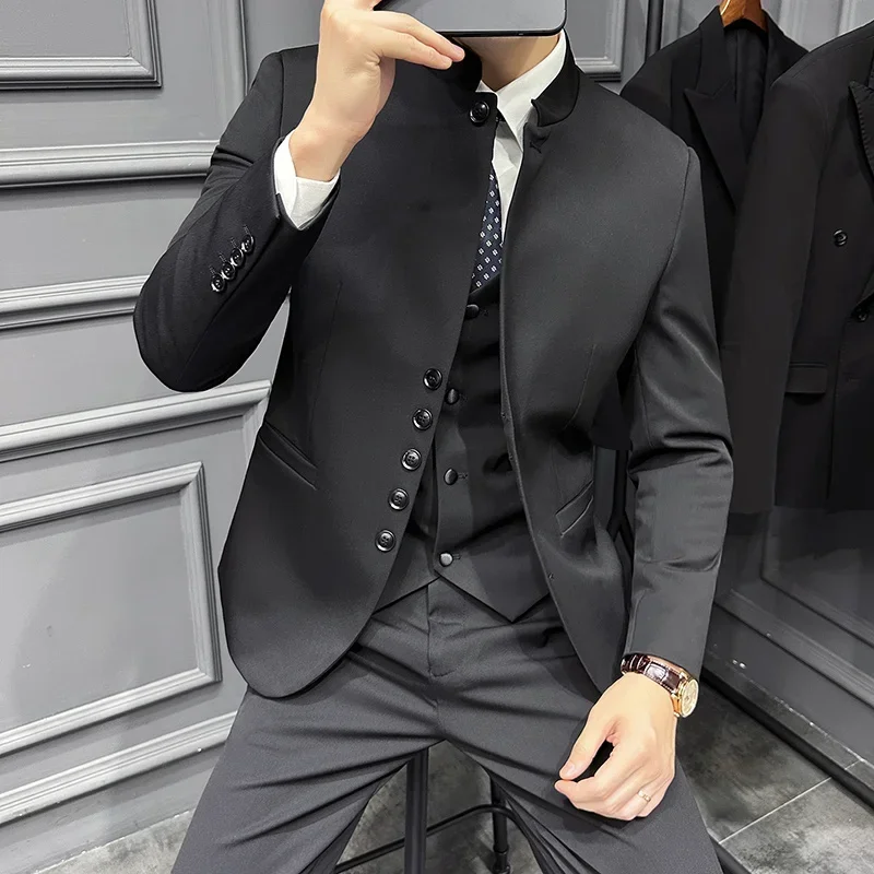 Chinese Style Stand Collar Three Piece Suit Men's (Jacket+vest+Pants) Casual Business Dress Suits Office Work Prom Men Clothing