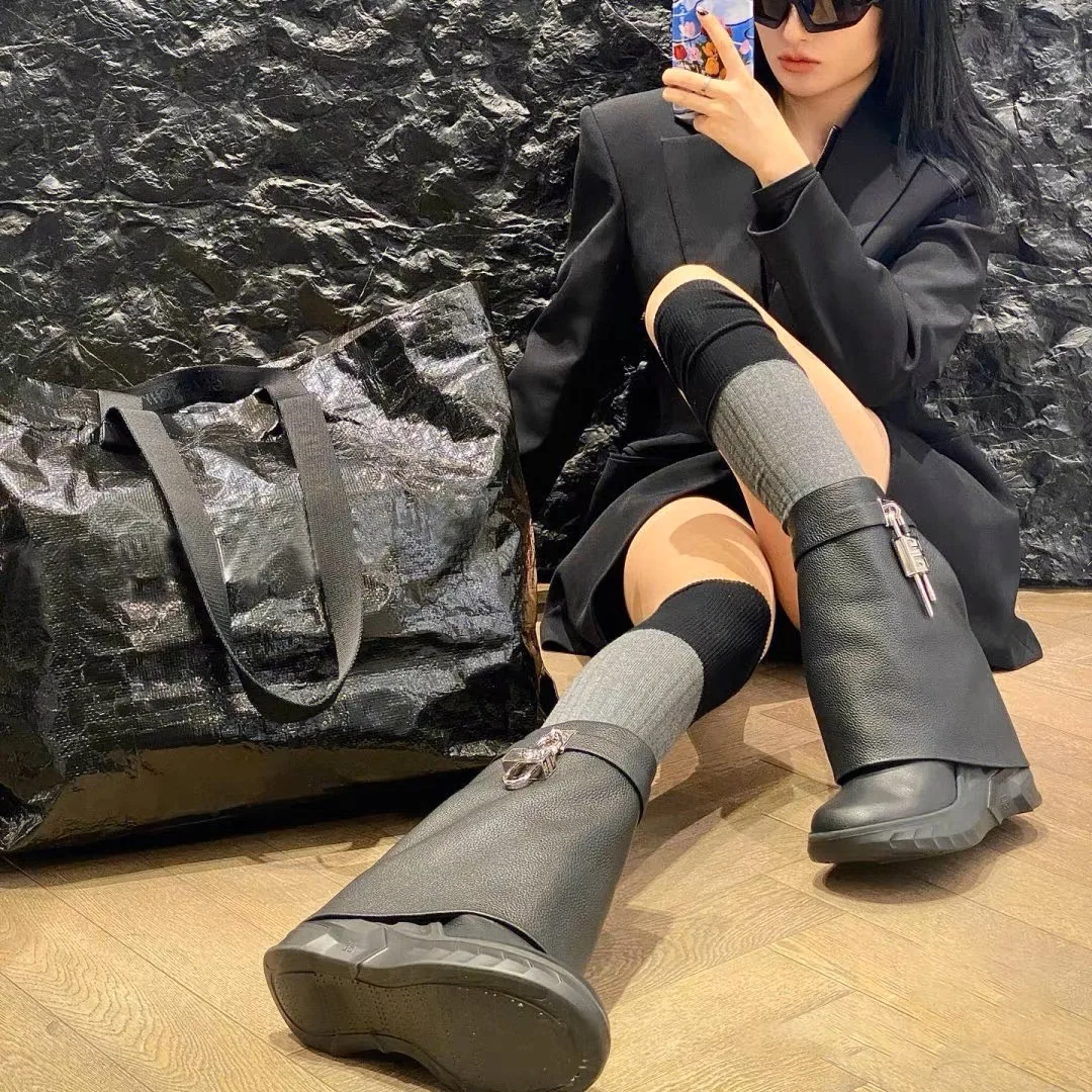 High Chunky Heeled Pants Boots for Women Mid-calf Platform Wedges Zip Luxury Design Metal Lock Fashion Shark Booties