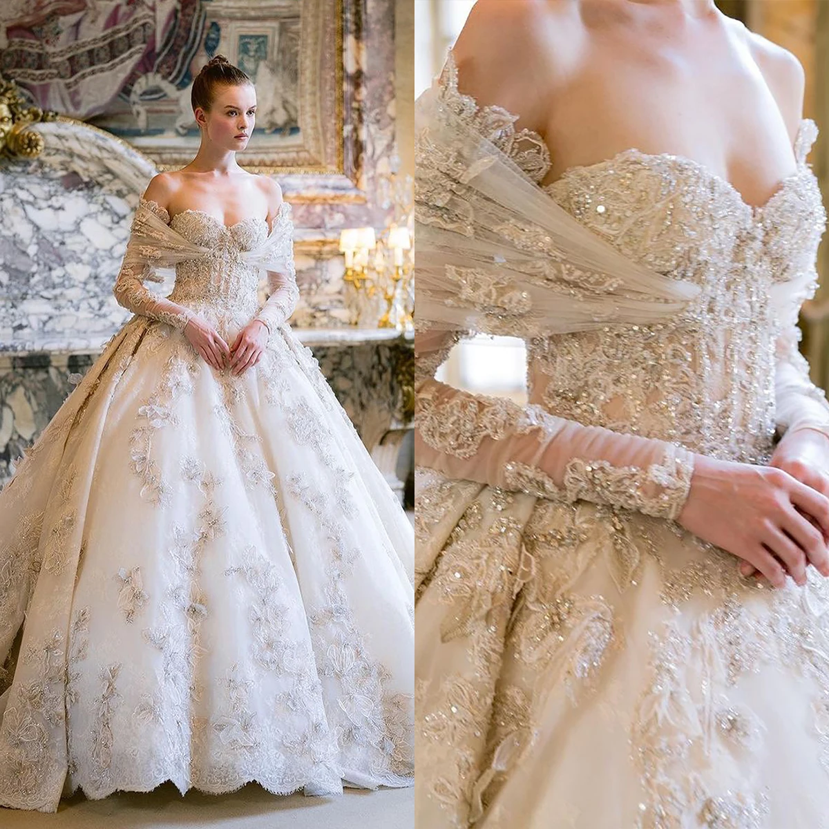 Elegant Ball Gown Wedding Dresses Sexy Sweetheart Off Shoulder Applique Lace Bridal Gowns Customized Sweep Train Robe De Mariage