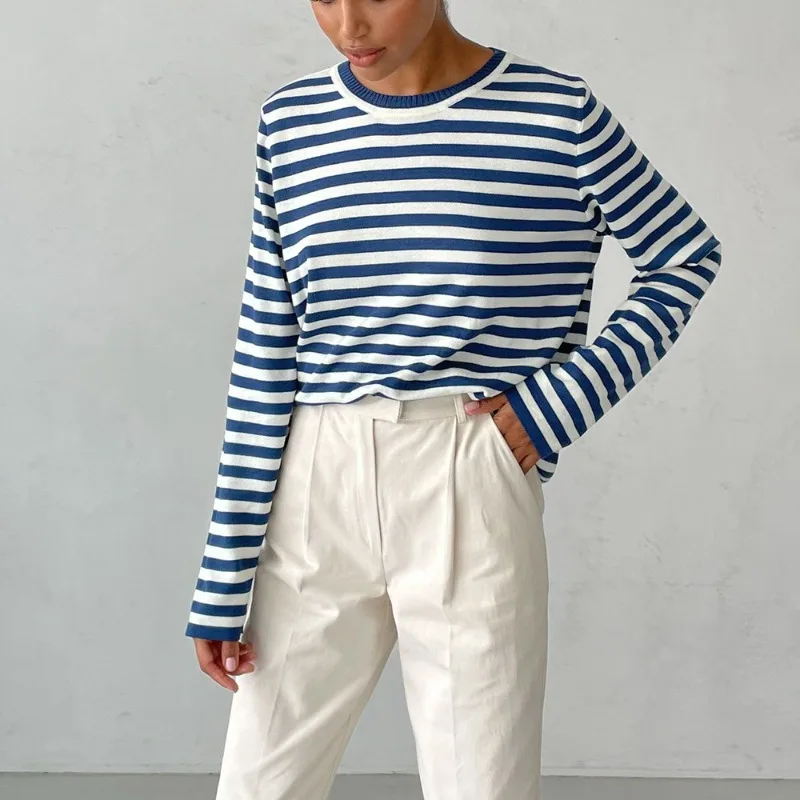 Talenza 여성 패션 풀오버 빈티지 스트라이프 대비 캐주얼 바텀 스웨터 스웨터 오피스 레이디 스트리트웨어 루즈 여성 스웨터