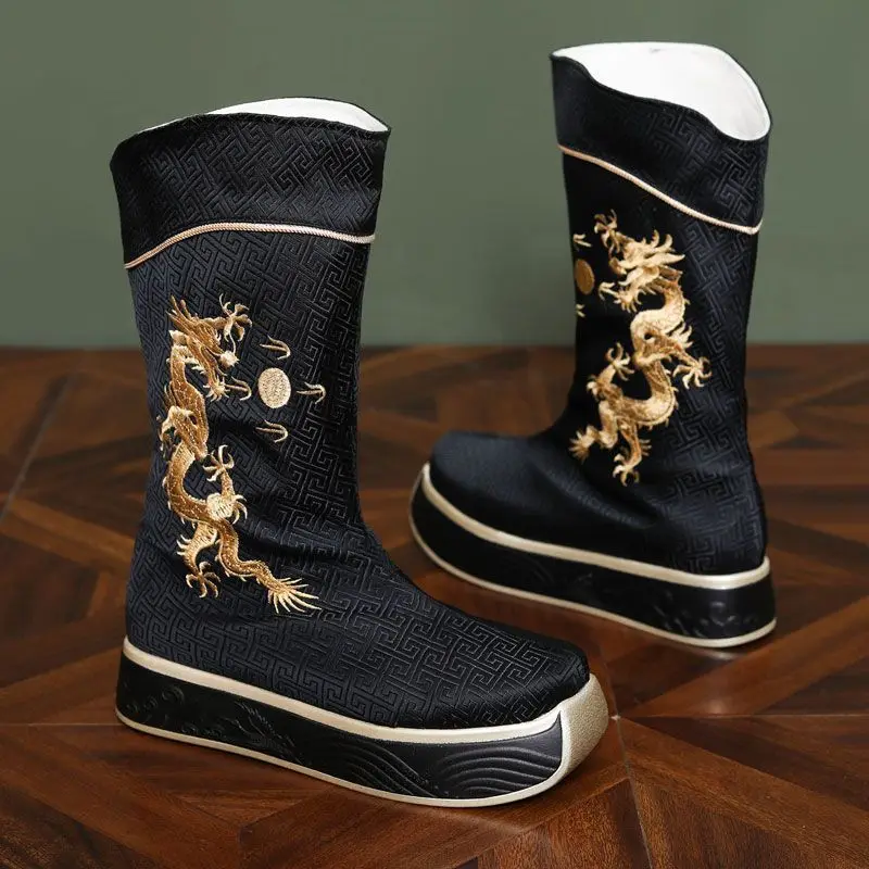 5cm Thick-soled Cotton Black Dragon Boots Chinese Ancient Hanfu Shoes Officer Warrior Swordsman Cosplay Accessories Retro Style