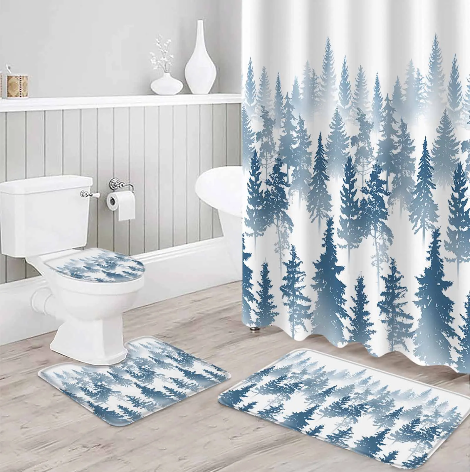 Tree, Forest, Abstract Polyester printed shower curtain bathroom setluxurious curtainsabstract4-piece setcoral fleece floor mat