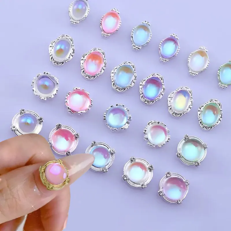 10Pcs 3D Aurora Macaron Crystal Nail Rhinestones10mm Pink Clear Round Pearls Aolly Nail Charms Luxury Nail Art Decorations D8@5F