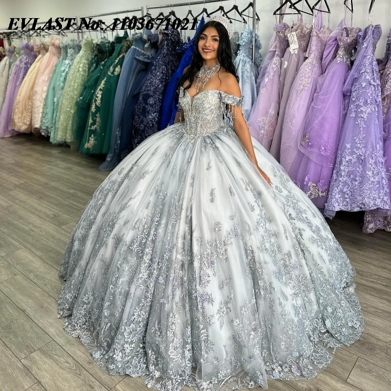 

EVLAST Shiny Silver Quinnceanera Dress Ball Gown Floral Lace Applique Beading Mexico Corset Sweet 16 Vestidos De 15 Anos SQ615